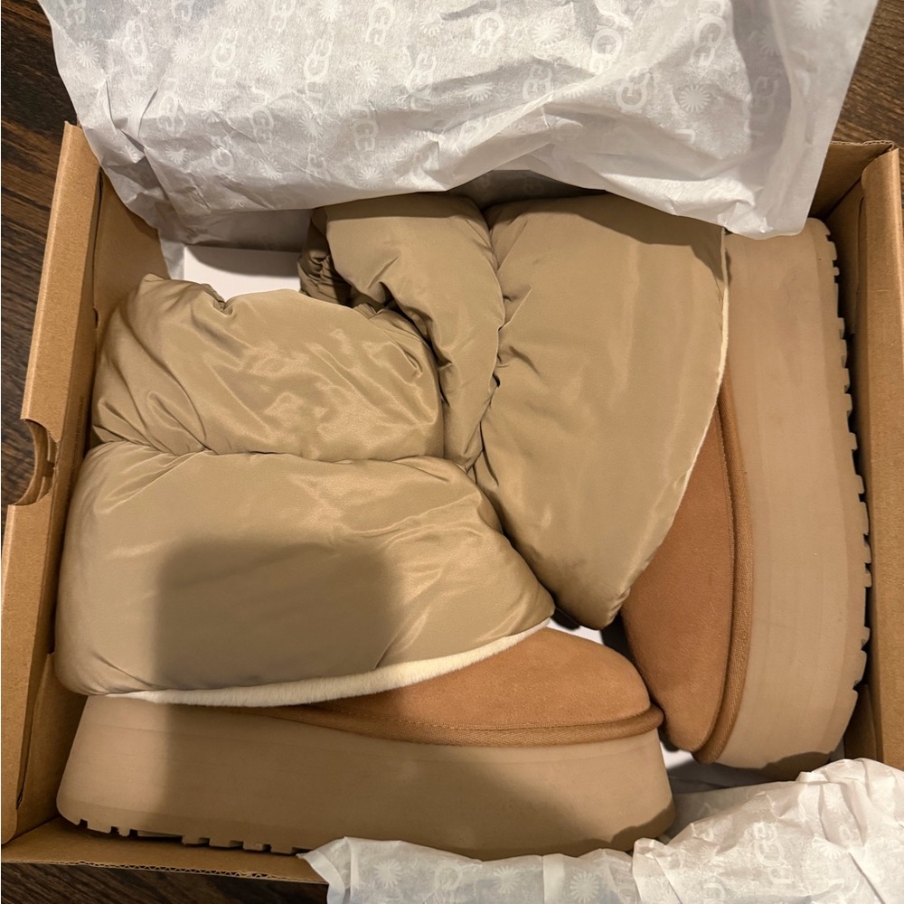Men's Tan Puffer Platform Slipper Boots